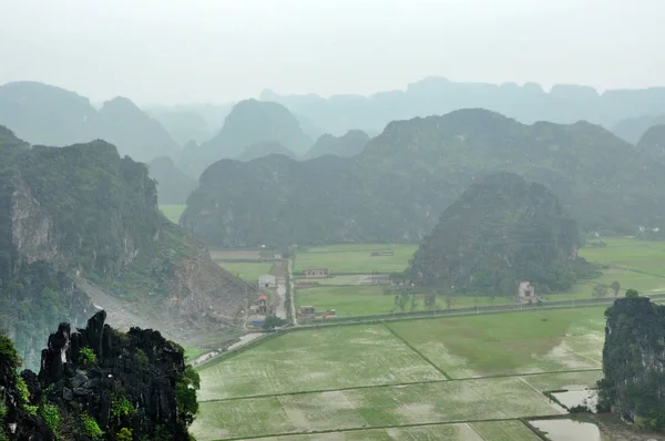 Vista panorámica de campos de arroz y rocas calizas y desde Hang M — Foto de Stock
