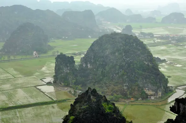 Vista panoramica di risaie e rocce calcaree e da Hang M — Foto Stock