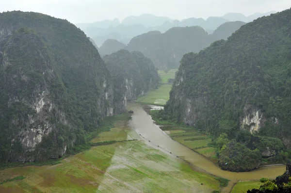 Panorama view of rice fields and limestone rocks and from Hang M — Stock Photo, Image