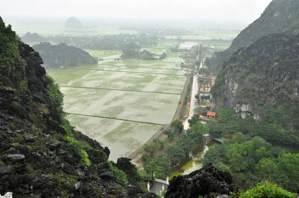 Panorama view of rice fields and limestone rocks and from Hang M — Stock Photo, Image