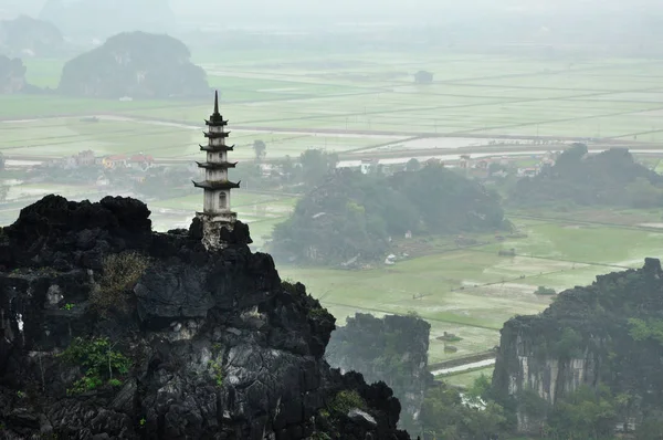 Panorama view of rice fields, rocks and mountaintop pagoda from — Stock Photo, Image