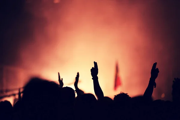 Crowd at a music concert, audience raising hands up — Stock Photo, Image