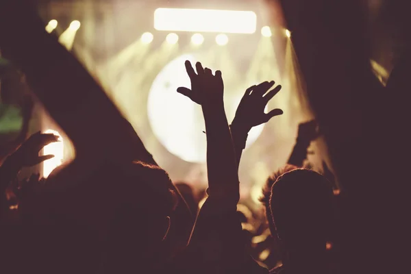 Kerumunan penonton dengan tangan terangkat di sebuah festival musik — Stok Foto