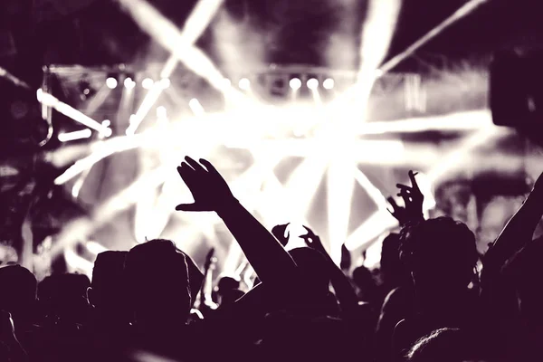 Crowd of audience with hands raised at a music festival — Stock Photo, Image