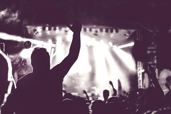 Crowd of audience with hands raised at a music festival — Stock Photo, Image