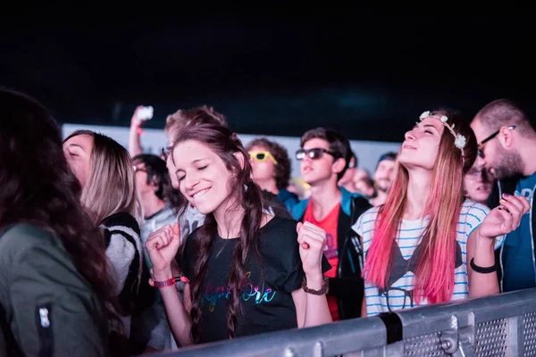 Folle di persone che si godono un concerto elettronico ad un festival — Foto Stock