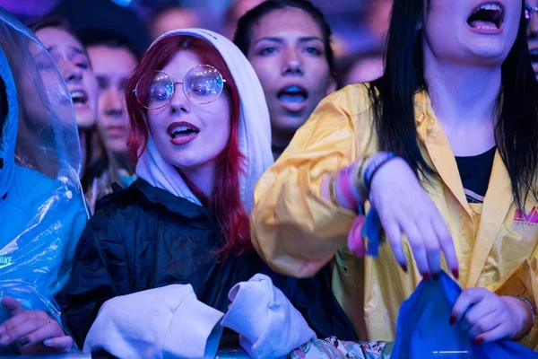 Multitud de personas animadas disfrutando de un concierto en vivo —  Fotos de Stock