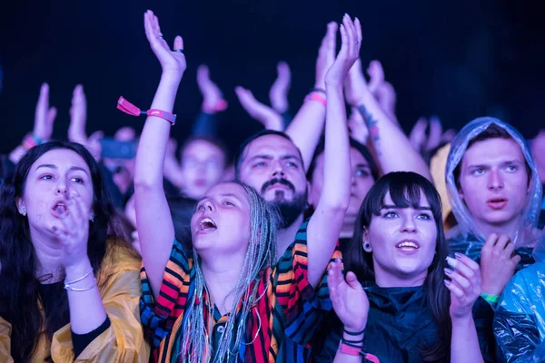 Menigte van juichende mensen genieten van een live concert — Stockfoto