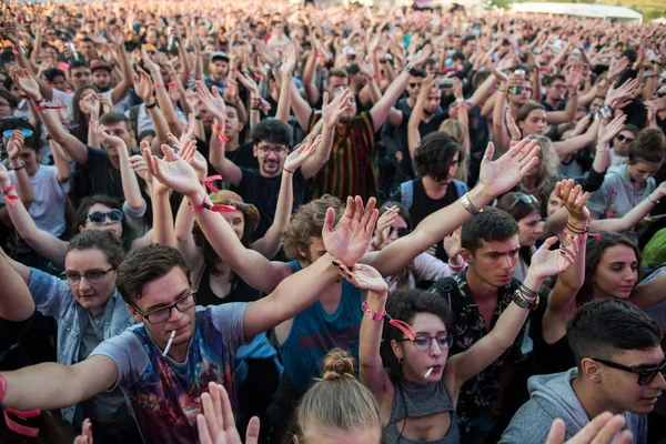 Multidão de pessoas aplaudindo desfrutar de um concerto ao vivo — Fotografia de Stock