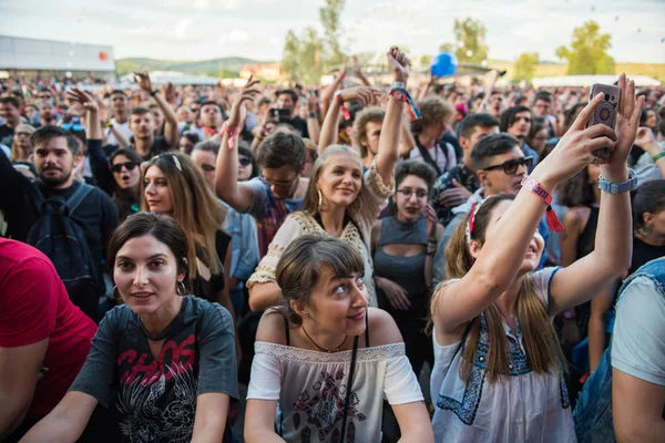 Multitud de personas animadas disfrutando de un concierto en vivo —  Fotos de Stock