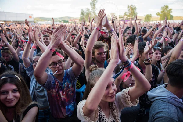 Multitud de personas animadas disfrutando de un concierto en vivo —  Fotos de Stock