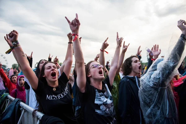 Headbanging dav v první řadě na hardcore koncertě — Stock fotografie