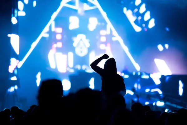 Crowd of people with arms outstretched partying at an EDM concer — Stock Photo, Image