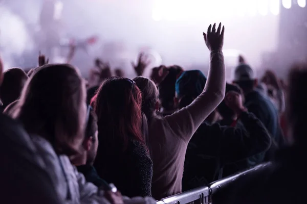 Crowd of people with arms outstretched partying at an EDM concer — Stock Photo, Image