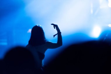 Parlak sahne ışıkları önünde konser kalabalığının silueti.