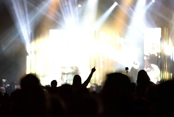 Vista trasera de la multitud con los brazos extendidos en concierto — Foto de Stock