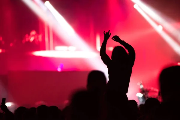 Οπίσθια όψη του πλήθους με τα χέρια απλωμένα σε συναυλία — Φωτογραφία Αρχείου