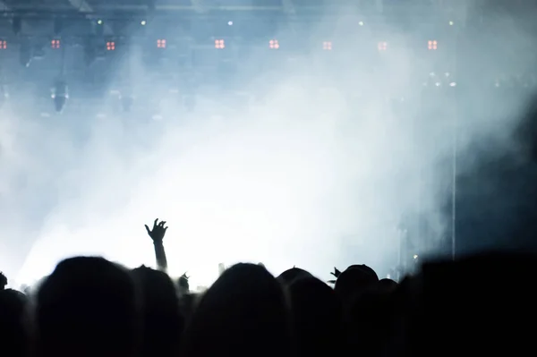Οπίσθια όψη του πλήθους με υψωμένα χέρια σε μια συναυλία — Φωτογραφία Αρχείου