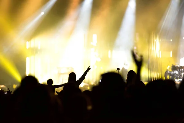 Vista trasera de la multitud con los brazos extendidos en concierto — Foto de Stock