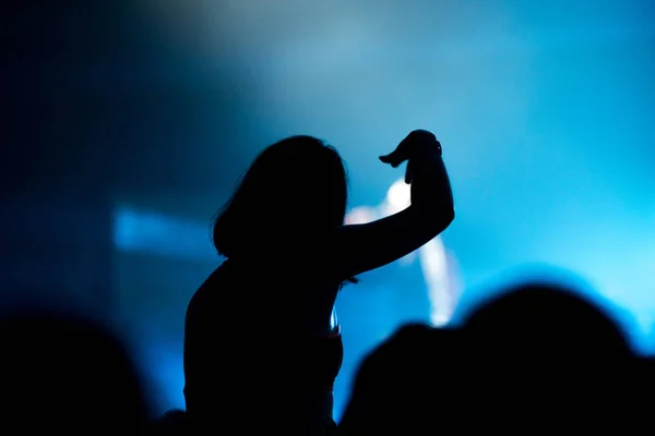 Silhouette di folla concerto di fronte a luci di scena luminose — Foto Stock