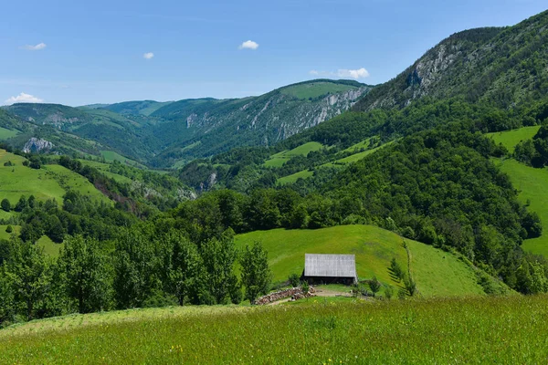 Paisagem rural verde nas montanhas — Fotografia de Stock