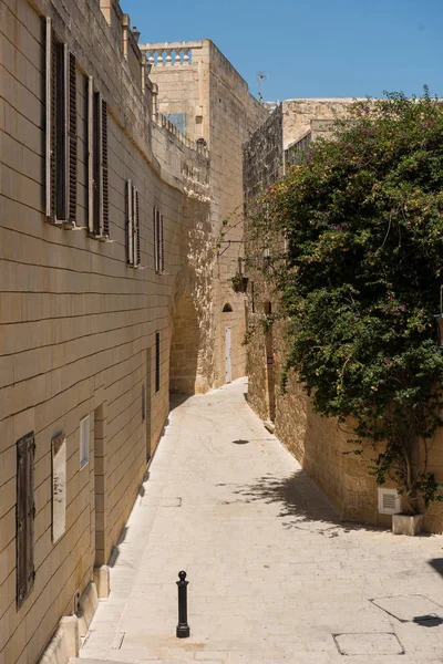 Smalle middeleeuwse straat met stenen huizen in Mdina, Malta — Stockfoto
