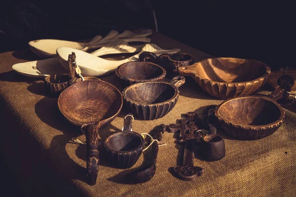 Handmade wooden bowls with handle and spoons — Stock Photo, Image