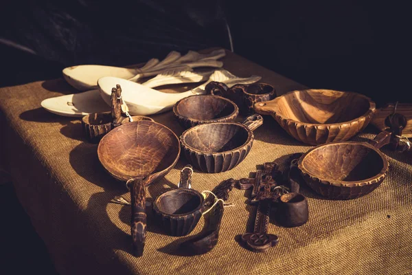 Handmade wooden bowls with handle and spoons — Stock Photo, Image