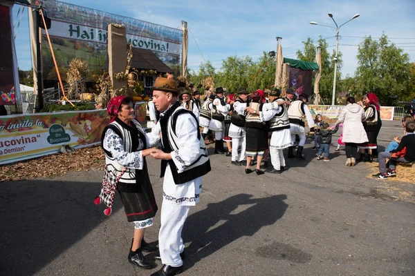 Roemeense folk dansers dansen in traditionele kostuums — Stockfoto