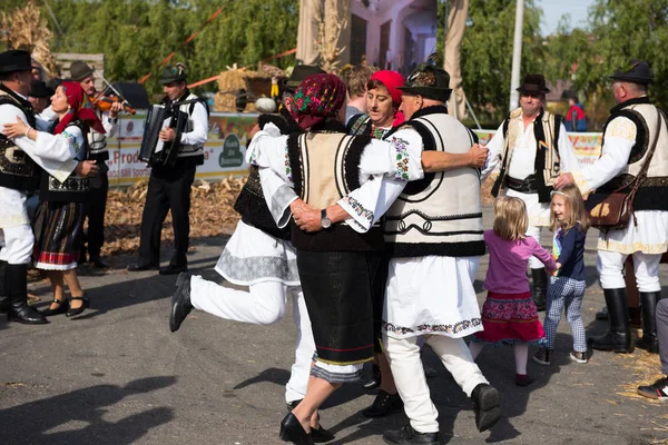 Dançarinos folclóricos romenos dançando em trajes tradicionais — Fotografia de Stock