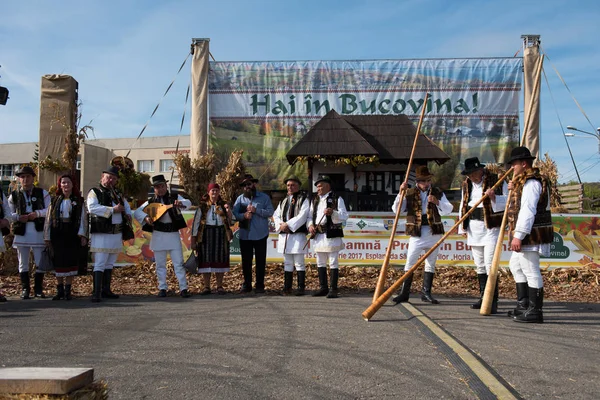 Mannen in traditionele klederdracht spelen op alpine hoorns — Stockfoto