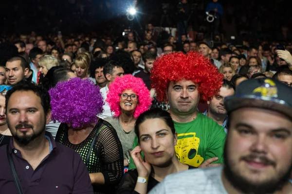 Multitud de gente alegre festejando en un concierto en vivo — Foto de Stock