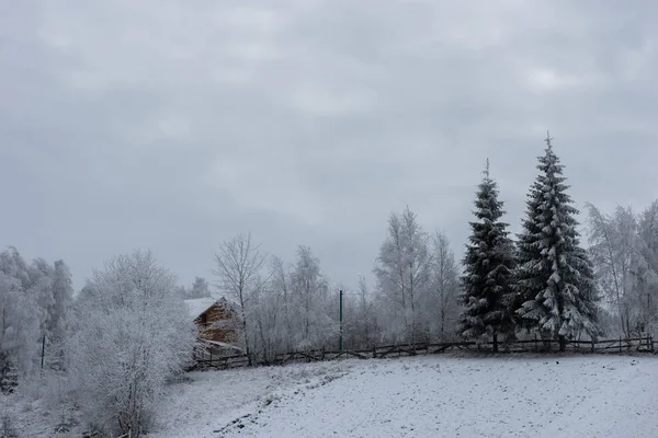 Pokryte śniegiem górskie chaty drewniane — Zdjęcie stockowe