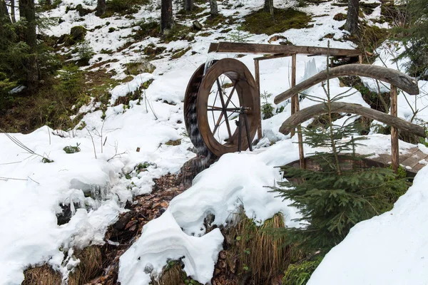 Funktionsfähiges kleines Wassermühlenrad im Wald — Stockfoto