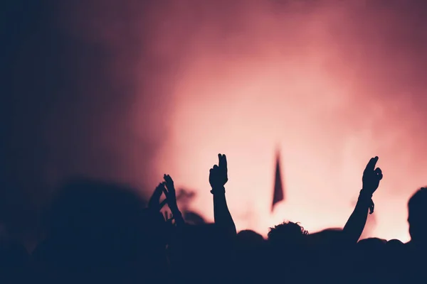 Crowd at concert with raised arms — Stock Photo, Image