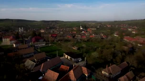 Imágenes Aéreas Drones Casas Rurales Luces Tarde Manastireni Transilvania Rumania — Vídeos de Stock