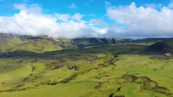 Aereo Drone Vista Dei Flussi Lava Muschio Verde Del Vulcano — Video Stock