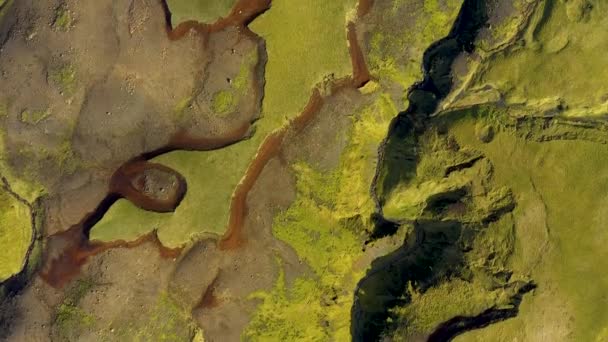 Vista Aérea Drone Dos Fluxos Lava Musgo Verde Vulcão Eyjafjallajokull — Vídeo de Stock