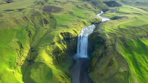 飞越Skogafoss瀑布 冰岛最具标志性的自然奇观之一 Aerial Drone View — 图库视频影像