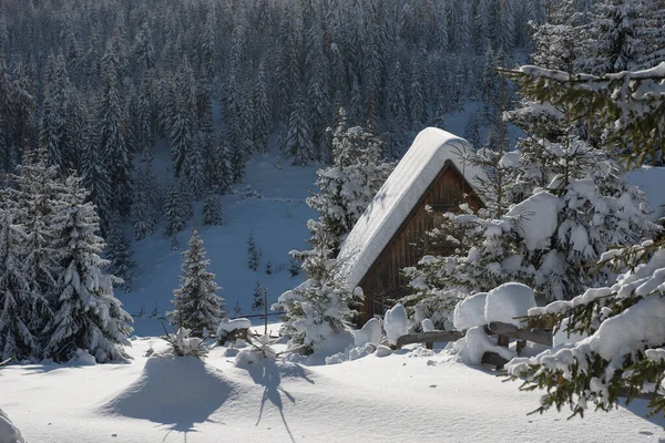 Snow covered wooden lodge in the mountains