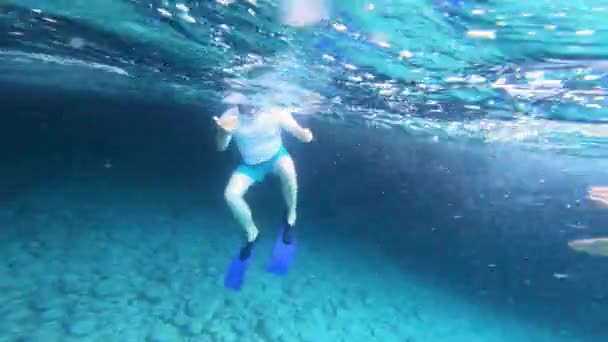 Vista Submarina Amigos Buceando Juntos Aguas Cristalinas — Vídeo de stock