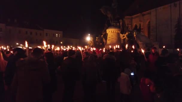 Cluj Napoca Romania February 2020 Crowd People Torches Marching Commemoration — Stock Video