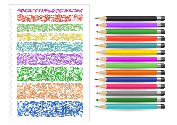 Eléments de design floral et crayons de couleur — Image vectorielle