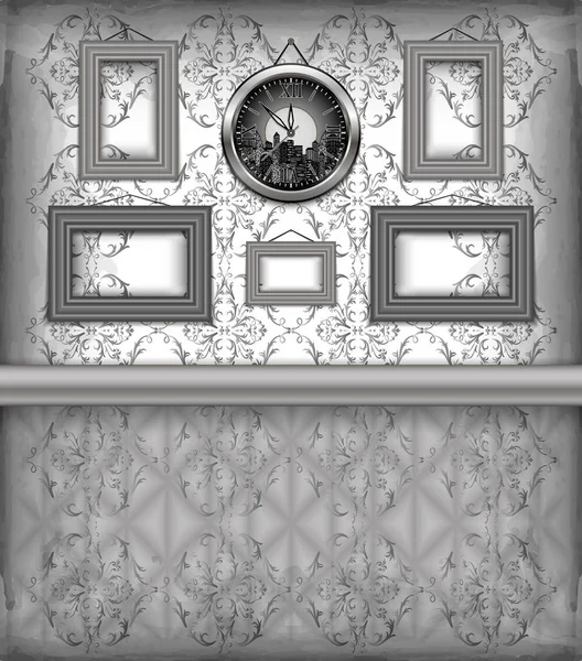 Reloj y marcos colgando de la pared — Archivo Imágenes Vectoriales