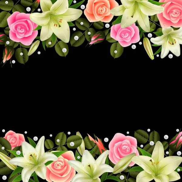 Decoración floral con rosas, flores de lirio y perlas — Archivo Imágenes Vectoriales