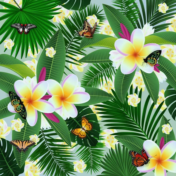 Ілюстрація Шаблону Тропічних Квіткових Карт Квітами Сливи Пальмами Метеликами — стоковий вектор