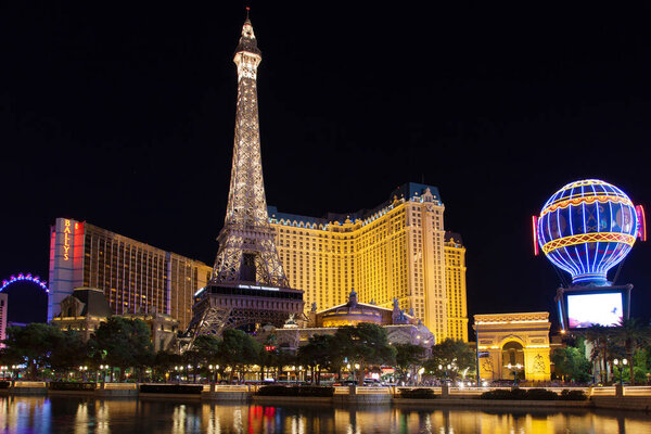 Las Vegas, Nevada - August 29, 2019: Paris Las Vegas Hotel and Casino at night in Las Vegas, Nevada, United States