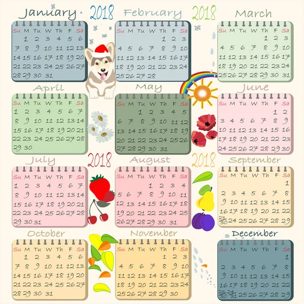 Barevný kalendář pro rok 2018 — Stockový vektor
