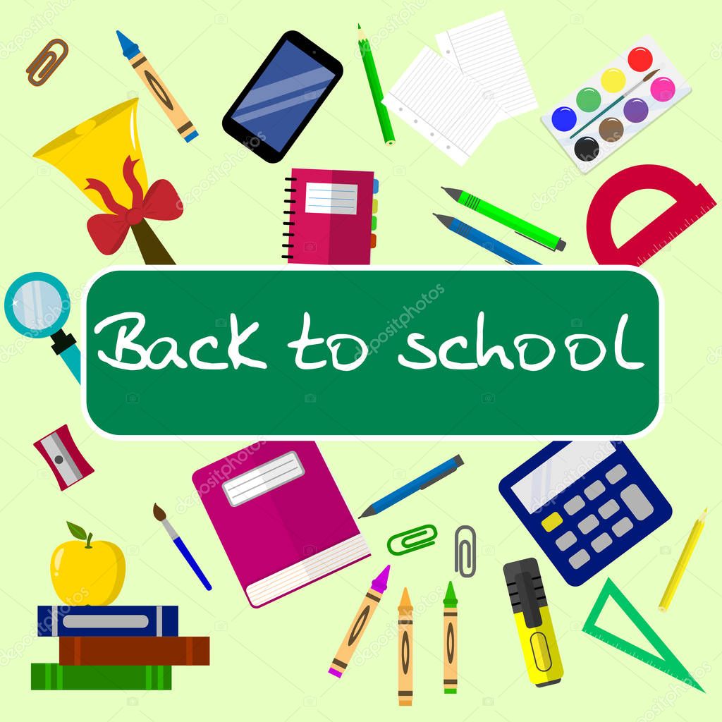 Back to school background with school supplies set, vector illustration.