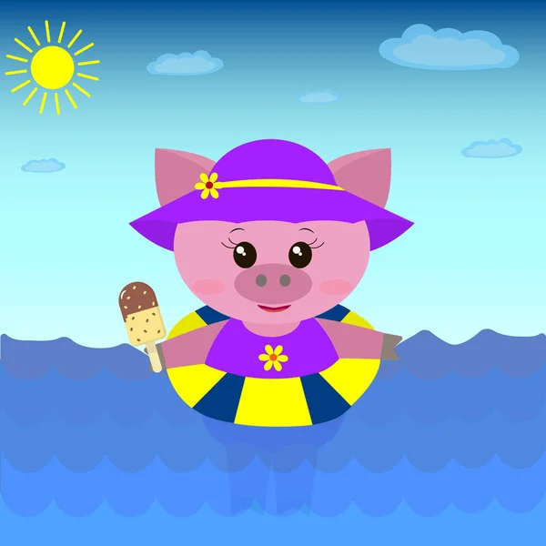 Ilustración de un lindo cerdo en el mar con helado . — Vector de stock